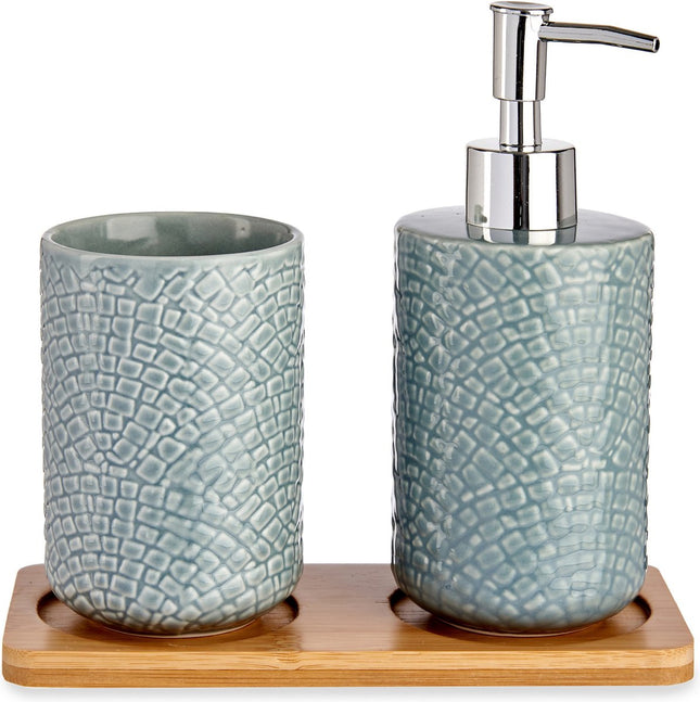 Badkamer accessoires set 3-delig grijsblauw relief van keramiek - Zeeppompje - Beker - Tray