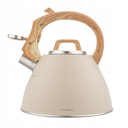 KLAUSBERG KB-7954 Fluitketel 2,5 L – waterkoker- Beige Mat – Houtlook Handgreep – RVS – Soft-Touch – Inductie