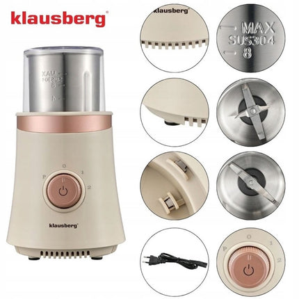 KLAUSBERG KB-7993 Elektrische 2-in-1 Koffie- en Kruidenmolen – 200W – RVS Bekers – Droog & Nat Malen – 3 Snelheden – 80g Capaciteit – beige/Koper