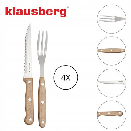 KLAUSBERG 8-Delige Steak & BBQ Set – 4 Steakmessen + 4 Vorken – RVS Bladen – Houten Handgrepen – KB-7976