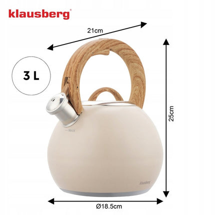 KLAUSBERG KB-7956 Fluitketel 3 L – Beige Mat – Houtlook Handgreep – RVS – Inductie – Met Fluit