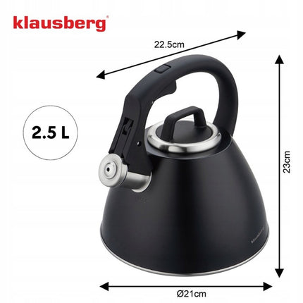 KLAUSBERG KB-7952 Fluitketel 2,5 L – Zwart Mat – Soft-Touch Handgreep – Inductie – RVS – Met Fluit