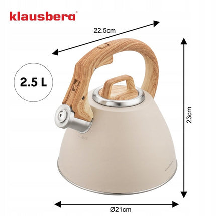 KLAUSBERG KB-7954 Fluitketel 2,5 L – waterkoker- Beige Mat – Houtlook Handgreep – RVS – Soft-Touch – Inductie