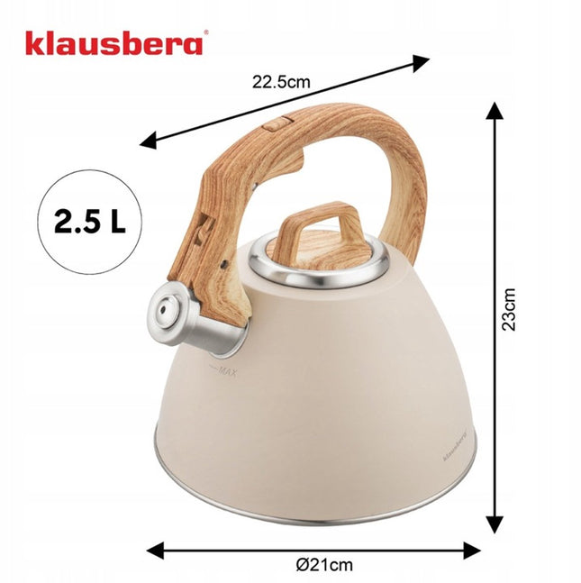 KLAUSBERG KB-7954 Fluitketel 2,5 L – waterkoker- Beige Mat – Houtlook Handgreep – RVS – Soft-Touch – Inductie