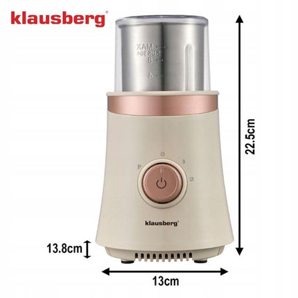 KLAUSBERG KB-7993 Elektrische 2-in-1 Koffie- en Kruidenmolen – 200W – RVS Bekers – Droog & Nat Malen – 3 Snelheden – 80g Capaciteit – beige/Koper