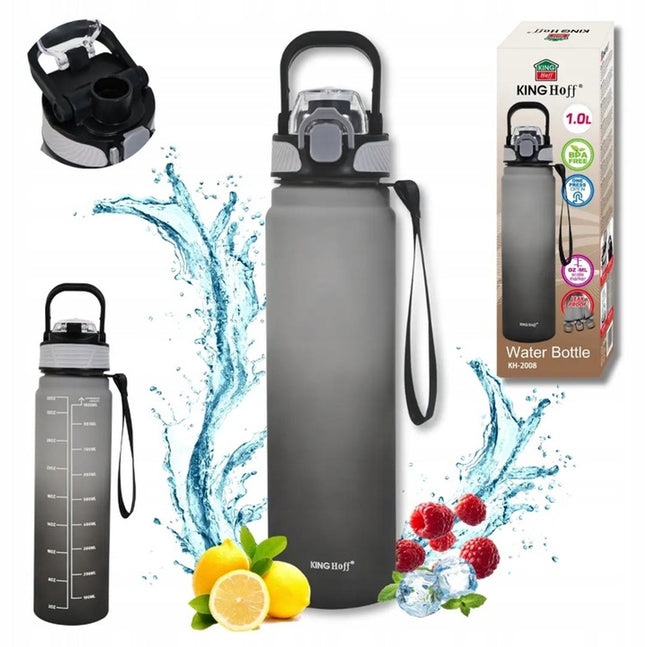 KINGHoff Waterfles 1L met Veiligheidslock – BPA-vrij & Lekvrij – Sportfles - Motivatie Waterfles -bidon