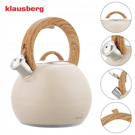 KLAUSBERG KB-7956 Fluitketel 3 L – Beige Mat – Houtlook Handgreep – RVS – Inductie – Met Fluit