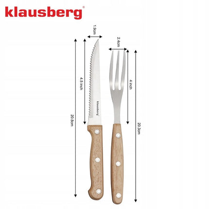KLAUSBERG 8-Delige Steak & BBQ Set – 4 Steakmessen + 4 Vorken – RVS Bladen – Houten Handgrepen – KB-7976