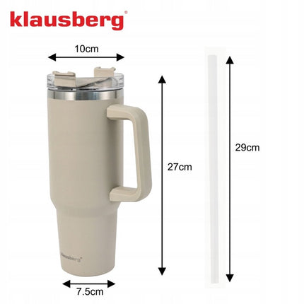 Klausberg KB-7944 Thermische Beker - 1100 ml - Lichtbeige - Dubbelwandige Vacuum Isolatie - Met Handvat en Sluitdop - Thermosbeker - Warmhoudbeker