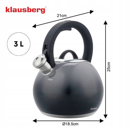 KLAUSBERG KB-7955 Fluitketel 3 L – waterkoker- Grafiet Glans – RVS – Soft-Touch – Inductie – Met Fluit