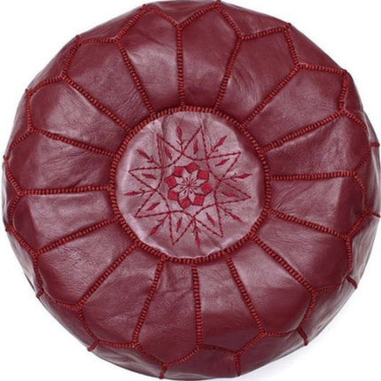 Marokkaanse Leren Poef – Handgemaakt & Gevuld Geleverd– Bordeaux Rood – Ø 45 cm – Traditioneel Geometrisch Patroon – Multifunctionele Voetenbank / Bijzettafel