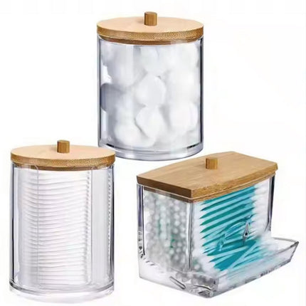 Set van 3 Wattenhouders – Badkamerorganizer met Houten Dekseks voor Wattenstaafjes, Wattenschijfjes en Wattenbolletjes - Stofvrij
