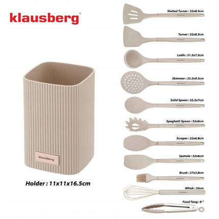 Klausberg Keukengerei Set 12-delig met Standaard – Siliconen Keukengerei – Hittebestendig 220°C – Beige