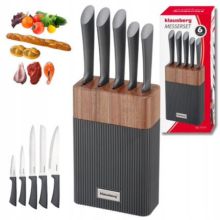 KLAUSBERG 6-Delige Messenset – Acaciahouten Blok – Roestvrijstaal – Grijze Anti-Slip Handgrepen – KB-7979