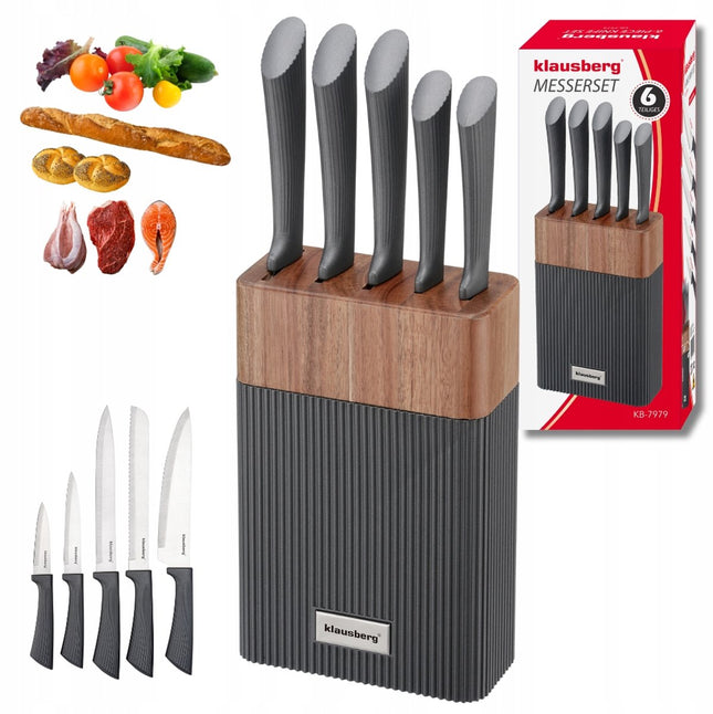 KLAUSBERG 6-Delige Messenset – Acaciahouten Blok – Roestvrijstaal – Grijze Anti-Slip Handgrepen – KB-7979