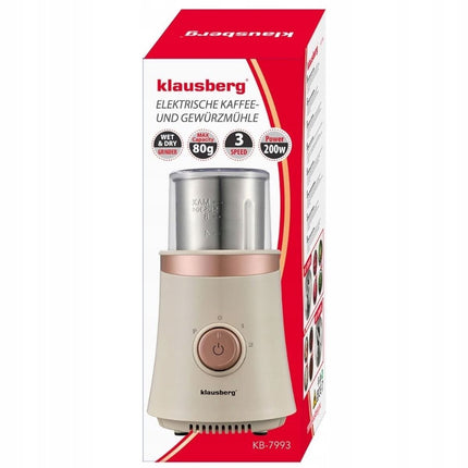 KLAUSBERG KB-7993 Elektrische 2-in-1 Koffie- en Kruidenmolen – 200W – RVS Bekers – Droog & Nat Malen – 3 Snelheden – 80g Capaciteit – beige/Koper