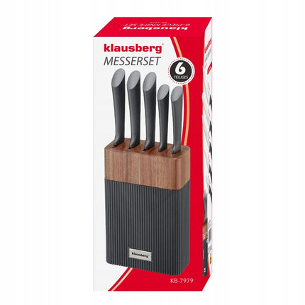 KLAUSBERG 6-Delige Messenset – Acaciahouten Blok – Roestvrijstaal – Grijze Anti-Slip Handgrepen – KB-7979