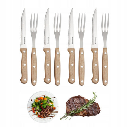 KLAUSBERG 8-Delige Steak & BBQ Set – 4 Steakmessen + 4 Vorken – RVS Bladen – Houten Handgrepen – KB-7976
