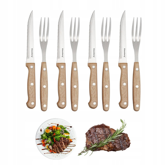 KLAUSBERG 8-Delige Steak & BBQ Set – 4 Steakmessen + 4 Vorken – RVS Bladen – Houten Handgrepen – KB-7976