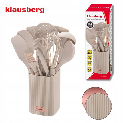 Klausberg Keukengerei Set 12-delig met Standaard – Siliconen Keukengerei – Hittebestendig 220°C – Beige