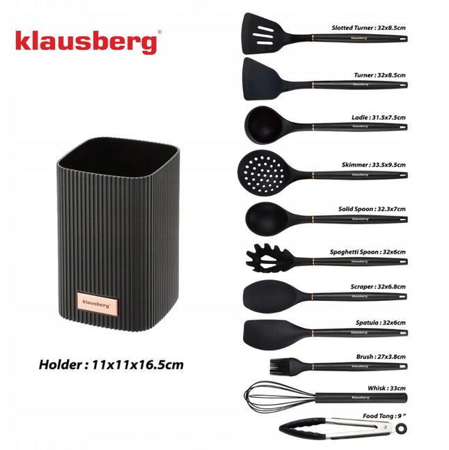 Klausberg Keukengerei Set 12-delig met Standaard – Siliconen Keukengerei – Hittebestendig 220°C – Zwart