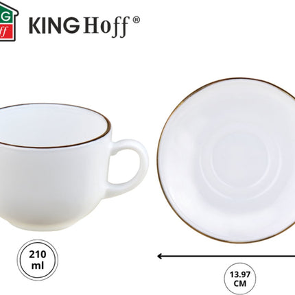 KingHoff Kop en Schotel Set 12-delig - Wit Opaalglazen Koffiekopjes met Gouden Rand - 210 ml - Set voor 6 Personen