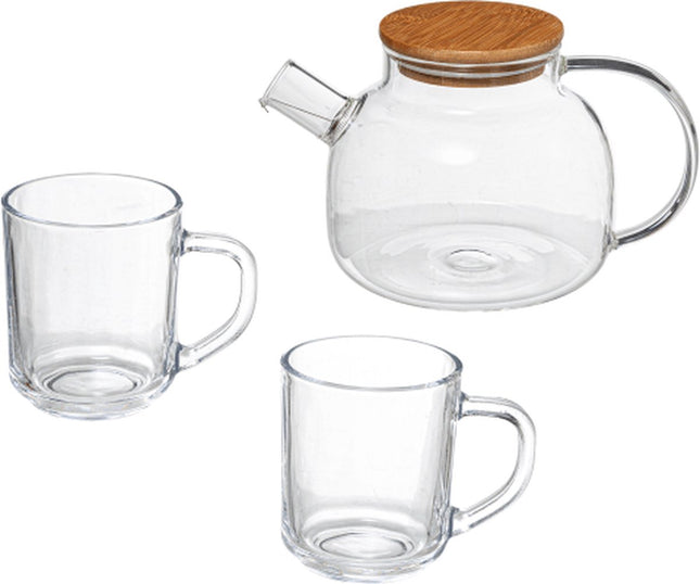 Glazen theepot set Bamboo met 2 glazen kopjes