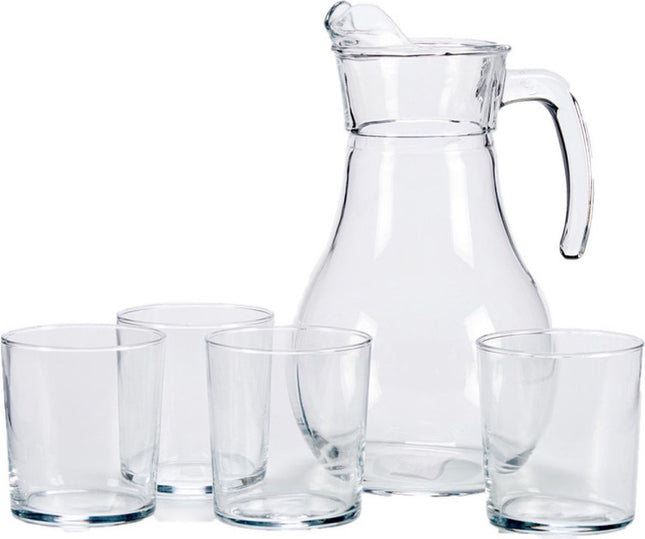 Vivalto Glazen karaf/schenkkan met deksel - 1,8 liter - met 4x drinkglazen van 400 ml