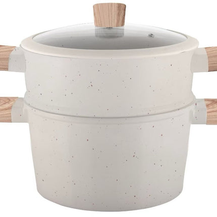 Stoompan 3-in-1 - 5L Couscous Pan - Inductie & Alle Warmtebronnen - Cast Aluminium - Rijst- & Groentestomer - Met Vergiet & Glasdeksel - Vaatwasmachinebestendig- Wit