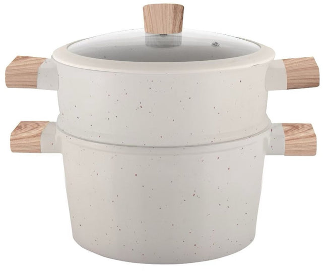 Stoompan 3-in-1 - 5L Couscous Pan - Inductie & Alle Warmtebronnen - Cast Aluminium - Rijst- & Groentestomer - Met Vergiet & Glasdeksel - Vaatwasmachinebestendig- Wit
