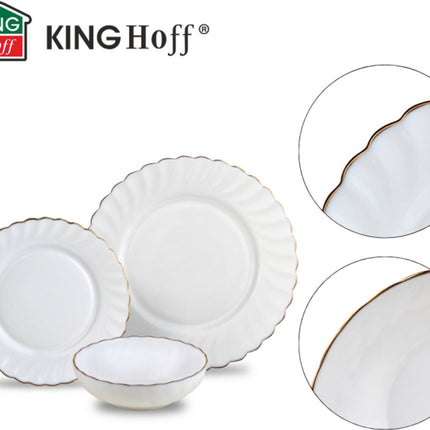 KINGHOFF Bordenset MARIGOLD - 18-delig - Wit met Gouden Rand - Opaal Glas - Dinerborden, Dessertborden & Soepkommen - Set voor 6 Personen