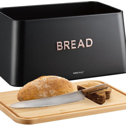 KINGHOFF Broodtrommel 2 in 1 - Zwart - 35x23x18 cm - Met Bamboe Dekblad - Hygienisch & Eenvoudig Schoonmaken - Kan als Snijplank Gebruikt Worden