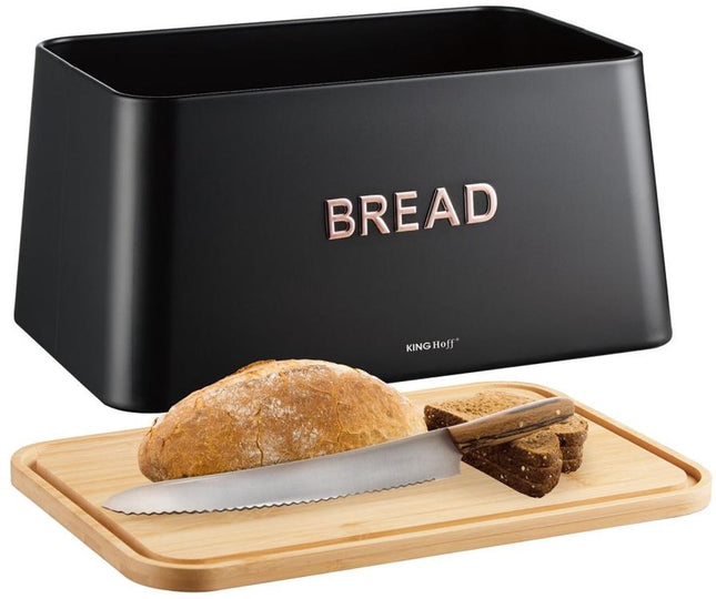 KINGHOFF Broodtrommel 2 in 1 - Zwart - 35x23x18 cm - Met Bamboe Dekblad - Hygienisch & Eenvoudig Schoonmaken - Kan als Snijplank Gebruikt Worden