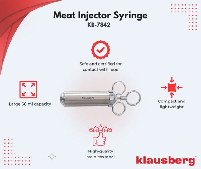 KLAUSBERG KB-7842 Vlees Marinade Spuit – RVS, 60 ml, Set met 3 Naalden & Accessoires - BBQ Accesoire - Vlees Injectiespuit - Injector