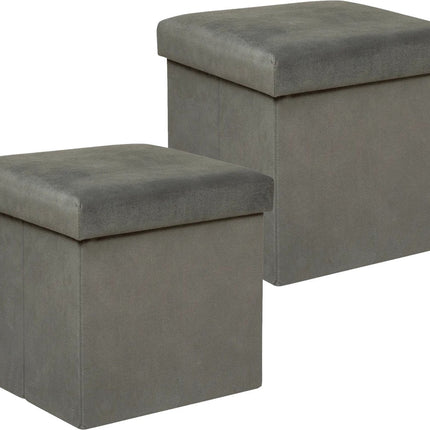 Atmosphera Poef/krukje/hocker Amber - 2x - Opvouwbare zit opslag box - fluweel Donkergrijs - D38 x H38 cm - MDF/polyester