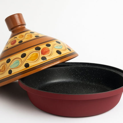 Tajine 30 cm – Handgemaakt Aardewerk & Aluminium – Traditioneel Marokkaans – Rood/Bont - Geschikt voor alle warmtebronnen - Inclusief inductie