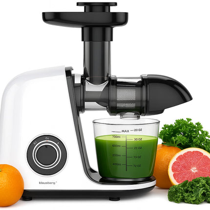 Klausberg Slow Juicer – 150W - 700ml | Cold Press | Groenten en Fruitpers – Met Pulpreservoir | Wit | Stille Horizontale Juicer met 7-Traps Perssysteem