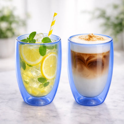 Dubbelwandige Glazen Mokken Set van 2 - 350 ml - Isolerende Theemok of Koffiemok Zonder Oor - Dubbelwandig Glas - Blauw