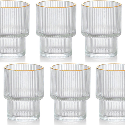 Geribbelde Drinkglas- koffie glas - Goude rand – 185 ml – Set van 6 - cocktailglazen - ijskoffieglazen - drinkglazen