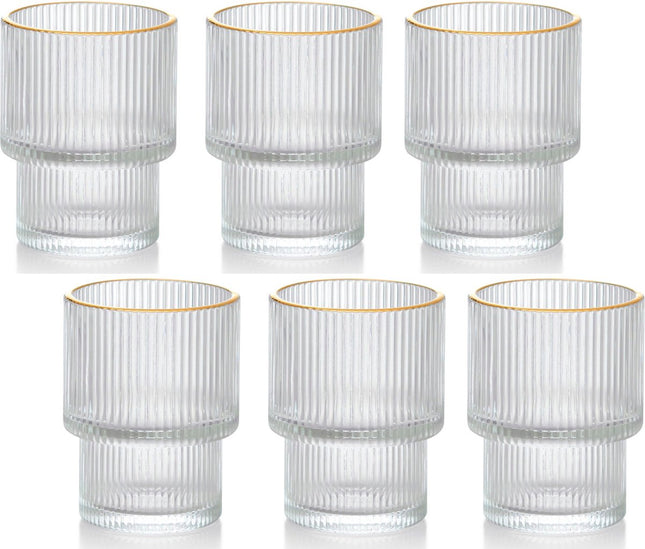 Geribbelde Drinkglas- koffie glas - Goude rand – 185 ml – Set van 6 - cocktailglazen - ijskoffieglazen - drinkglazen