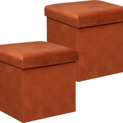 Atmosphera Poef/krukje/hocker Amber - 2x - Opvouwbare zit opslag box - fluweel Terracotta - D38 x H38 cm - MDF/polyester