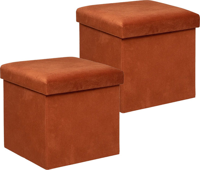 Atmosphera Poef/krukje/hocker Amber - 2x - Opvouwbare zit opslag box - fluweel Terracotta - D38 x H38 cm - MDF/polyester