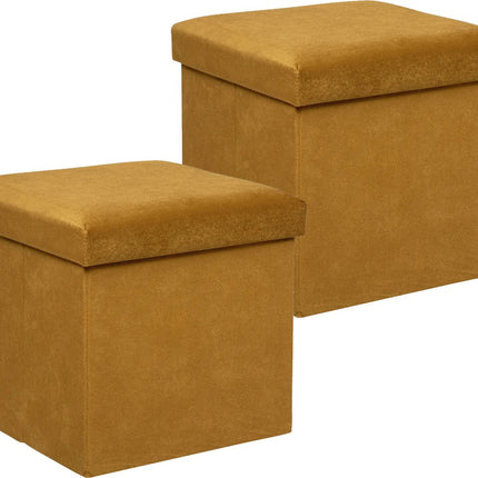 Atmosphera Poef/krukje/hocker Amber - 2x - Opvouwbare zit opslag box - fluweel Okergeel - D38 x H38 cm - MDF/polyester