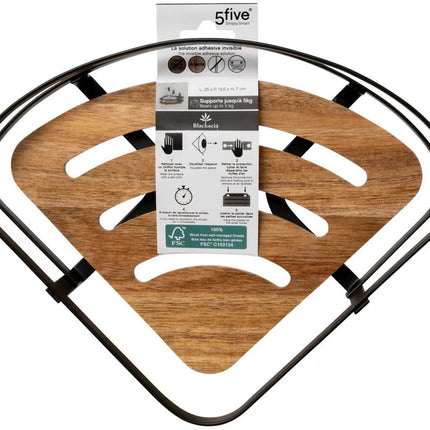 5Five Badkamer douche rekje organizer - 2x - zwart metaal/acacia hout - kleefstrip - 20 x 20 x 7 cm - hoek plaatsing