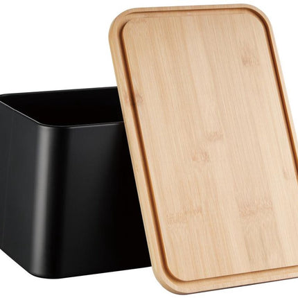 KINGHOFF Broodtrommel 2 in 1 - Zwart - 35x23x18 cm - Met Bamboe Dekblad - Hygienisch & Eenvoudig Schoonmaken - Kan als Snijplank Gebruikt Worden