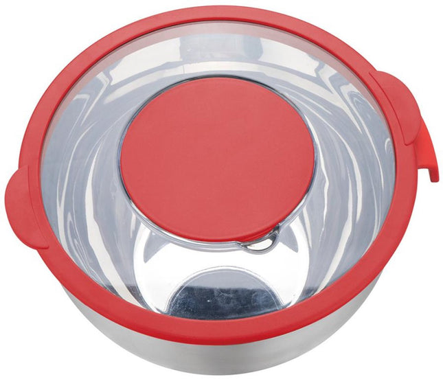 RVS Mengkom met Deksel – Multifunctioneel (5L, Rood) – Inclusief 3 Raspstanden, Maatverdeling en Antislip Rand – Voor Mengen, Raspen en Opslaan