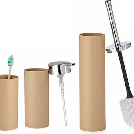 Badkamer set toiletborstel/ + zeeppompje + beker beige van kunststof