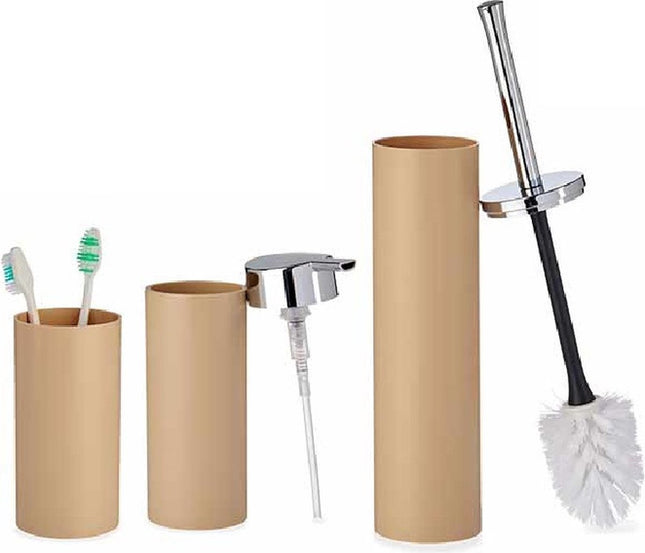 Badkamer set toiletborstel/ + zeeppompje + beker beige van kunststof