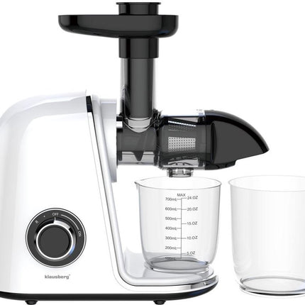 Klausberg Slow Juicer – 150W - 700ml | Cold Press | Groenten en Fruitpers – Met Pulpreservoir | Wit | Stille Horizontale Juicer met 7-Traps Perssysteem