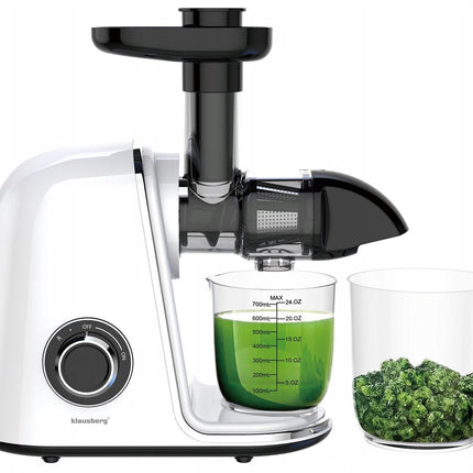 Klausberg Slow Juicer – 150W - 700ml | Cold Press | Groenten en Fruitpers – Met Pulpreservoir | Wit | Stille Horizontale Juicer met 7-Traps Perssysteem